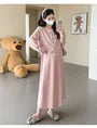 Maternity Set: Round Neck Contrast Trim Cardigan + High Waist Midi A-Line Skirt