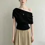 Short Sleeve Cold Shoulder Plain Ruched Slim-Fit Top
