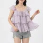Cap-Sleeve Square Neck Ruffle Sheer Plain Crop Blouse