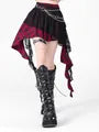 High Waist Tartan Check Lace Panel Asymmetrical Mini A-Line Skirt