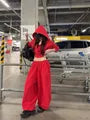 Plain Cropped Zip Hoodie / Drawstring Waist Baggy Sweatpants