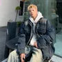 Stand Collar Washed Zip Denim Puffer Jacket