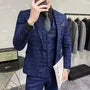 Set: Notch Lapel Plaid Single Breasted Blazer + V-Neck Single Breasted Vest + Mid Rise Cropped Slim Fit Dress Pants