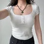 Short-Sleeve Scoop Neck Plain Slim Fit Crop T-Shirt