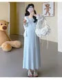 Maternity Long-Sleeve Plain Shirt / Sleeveless Maxi A-Line Dress / Set