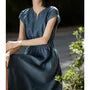 Cap-Sleeve Notch Neck Plain Midi A-Line Dress