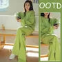 Set: Crew Neck Plain Pullover + Elastic Waist Wide Leg Pants