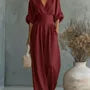 3/4 Sleeve V-Neck Plain Wide Leg Jumpsuit