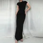 Short-Sleeve Asymmetrical Neck Plain Knot Ruched Slit Maxi Sheath Dress