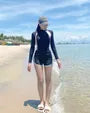 Set: Long-Sleeve Two Tone Zip-Up Rash Guard + Swim Shorts