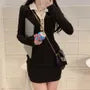 Long-Sleeve V-Neck Contrast Collar Mini Sheath Dress