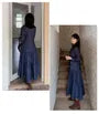 [XL-4XL] Long-Sleeve Collared Contrast Stitched Button-Up Denim Midi A-Line Dress
