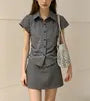 Short Sleeve Checked Side Drawstring Slim-Fit Shirt