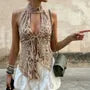 Halter Neck Leopard Print Tie-Front Asymmetric Hem Tank Top