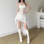 Spaghetti Strap Lace Panel Ruffled Asymmetric-Hem Mini Dress