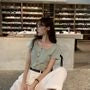 Square-Neck Short-Sleeve Button-Up Ribbed Top
