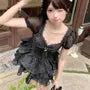 Short-Sleeve V-Neck Plain Lace Mini Tiered Dress