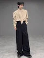 Long-Sleeve Tie Neck Plain Button Up Shirt / Mid Rise Plain Wide Leg Dress Pants / Set