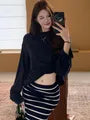 Long-Sleeve Crew Neck Plain T-Shirt / High Waist Striped Maxi Pencil Skirt