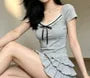 Short Sleeve V-Neck Bow Panel Lace T-Shirt