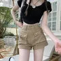 High Waist Pocket Detail Roll Up Hem Denim Hot Pants