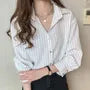 Long-Sleeve Collar Pinstriped Blouse