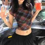 Short-Sleeve Crew Neck Plaid Crop Top