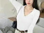 Long-Sleeve V-Neck Collared Plain Knit Top