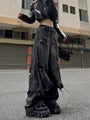 Mock Two-Piece Mid Rise Washed Fringed Distressed Wide Leg Jeans