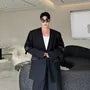 Set: Plain Sing-Breasted Blazer + High Waist Wide Leg Pants