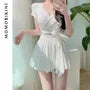 Set: Short-Sleeve V-Neck Plain Crop Rash Guard + Swim Skirt