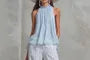 Halter Neck Plain Sheer Tank Top / High Waist Striped Loose-Fit Wide-Leg Pants