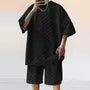 Set: 3/4-Sleeve Crew Neck Checkerboard T-Shirt + Drawstring Waist Wide Leg Sweat Shorts