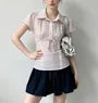 Short Sleeve Collared Lace-Trim Polka Dot Tie-Front Slim-Fit Blouse