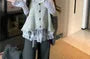 Long Sleeve Scoop Neck Plain Ruffle Panel Lace Top / Plain Button Sweater Vest