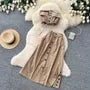 Set: Plain Flap Pocket Drawstring Button Padded Cropped Tube Top + High Waist Slit Midi A-Line Skirt