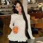 Long Sleeve Polka Dot Ruffled-Trim Slim-Fit Top
