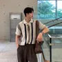 Elbow-Sleeve Drop Shoulder Striped Knit Polo Shirt
