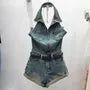 Set: Halter Roll Up Hem Zip Denim Wide Leg Romper + Belt