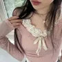 Long-Sleeve Halter Neck Mock Two-Piece Two Tone Lace Panel Slim Fit Crop Top