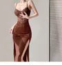 Spaghetti Strap V-Neck Lace Slit Midi Sheath Dress