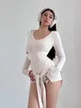 Long Sleeve Scoop Neck Plain Tie-Up Zip Romper
