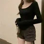 Long-Sleeve Scoop Neck Plain T-Shirt