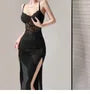 Spaghetti Strap V-Neck Lace Slit Midi Sheath Dress