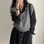 Long-Sleeve Notch Lapel Plain Midi Shirt Dress / V-Neck Sweater Vest
