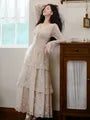 Long-Sleeve V-Neck Lace Maxi A-Line Tiered Dress