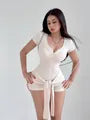 Short-Sleeve Notch Neck Plain Knot Zip Slim Fit Romper