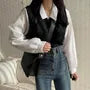 Long-Sleeve Collared Mock Two-Piece Two Tone Knit Panel Ribbed Blouse