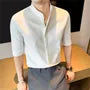 Elbow-Sleeve Stand Collar Button-Up Plain Waffle Shirt