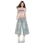 Mid Rise Washed Capri Wide Leg Cargo Jeans